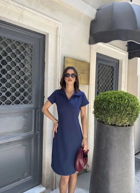 Osy Modal Yumuşak Dokulu Kumaş Yakalı Kısa Kollu Elbise - Mavi