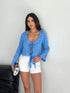 Keten Uzun Kol Bağacık Detaylı Bluz - Mavi