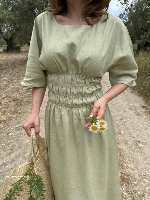 Kadın Keten Kısa Kollu uzun Elbise - Mint Yeşili