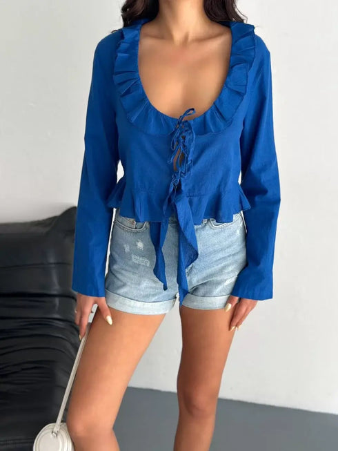 Keten Uzun Kol Bağacık Detaylı Bluz - Lacivert