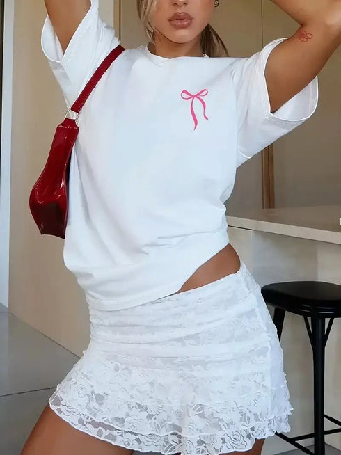 Fiyonk Baskılı Oversize Bisiklet Yaka T-shirt - Beyaz