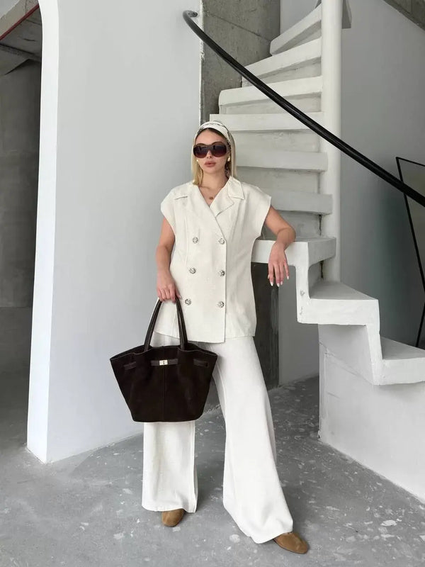 Keten Sıfır Kol Blezer Ceket Pantolon ikili Takım- Beyaz