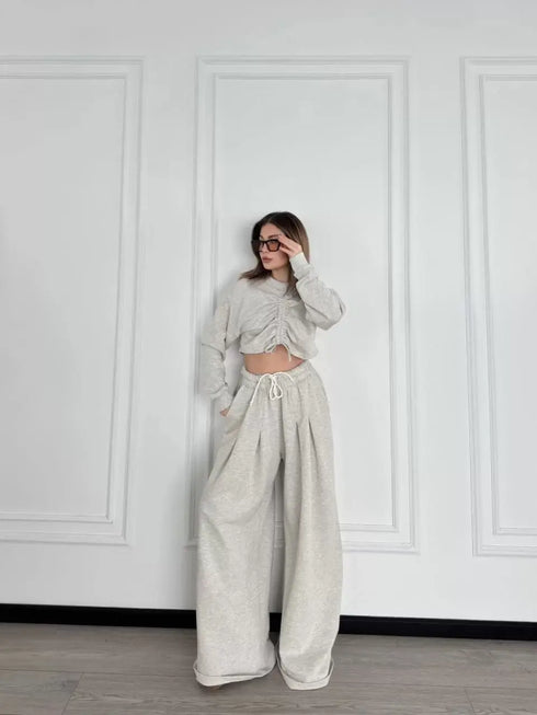 Uzun Kollu Önü İp Büzgülü Crop ve Pantolon İkili Takım - Gri