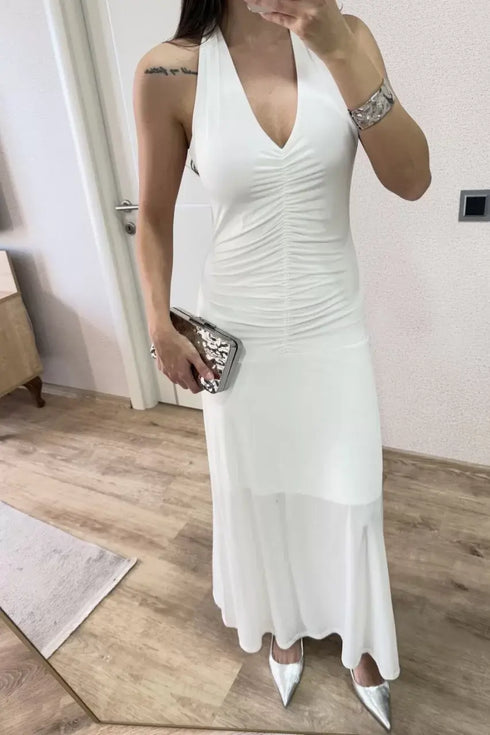 Sırt dekolteli Uzun Kollu Elbise - Beyaz