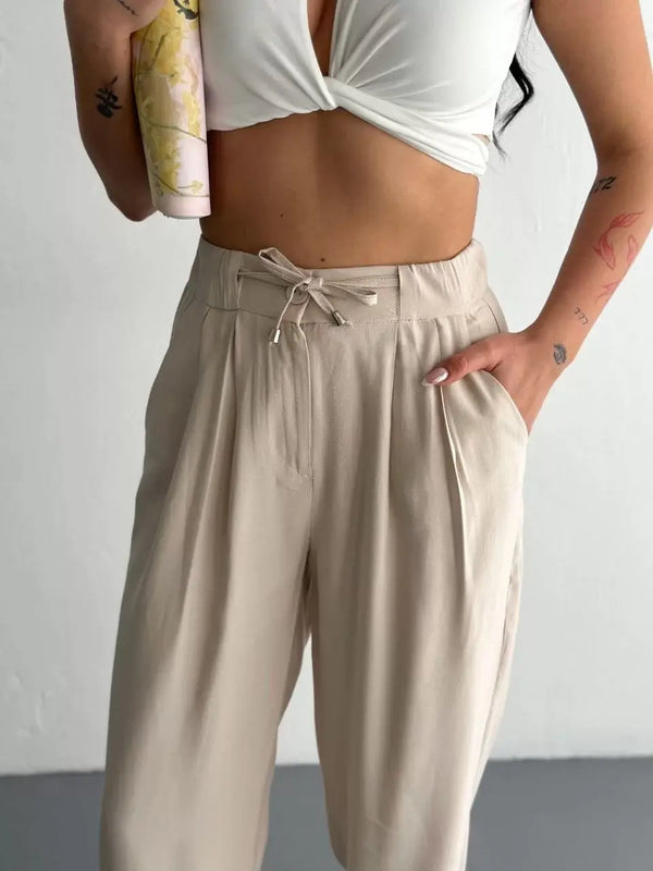 Tencel Kadın Yüksel Bel Beli Bağcıklı Rahat Boru Paça Pantalon - Kırık Beyaz