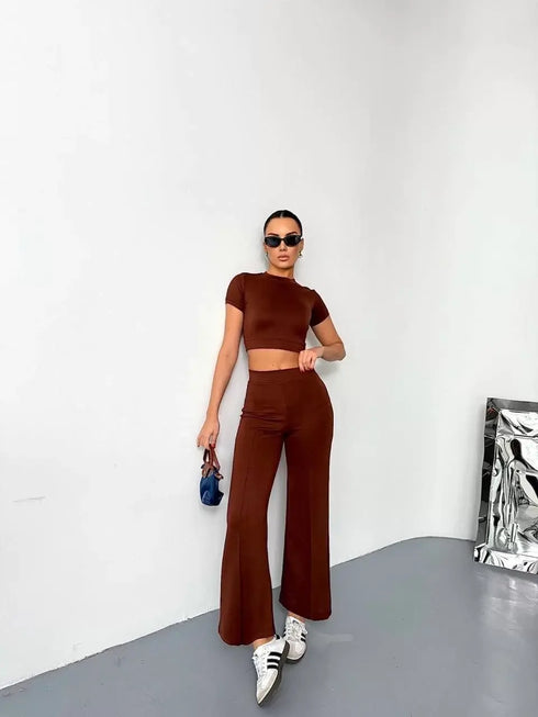 Osy Modal Yumuşak Dokulu Kumaş Kısa Kollu Crop Alt ispanyol Paça Pantalon ikili Takım - Kahverengi