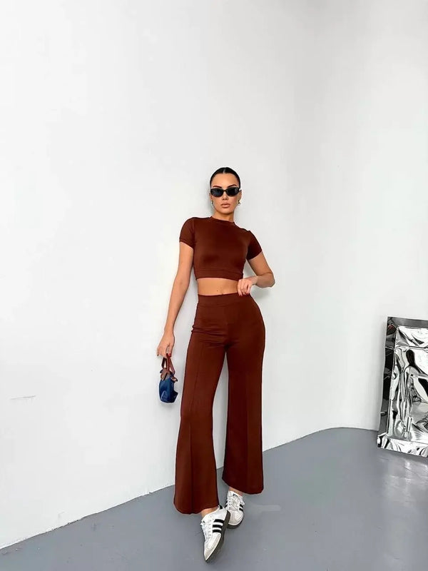 Osy Modal Yumuşak Dokulu Kumaş Kısa Kollu Crop Alt ispanyol Paça Pantalon ikili Takım - Kahverengi