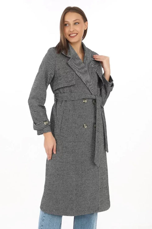 Kadın Balık Sırtı Kaşmir Uzun Kaşe Kaban - Boyalı Gri