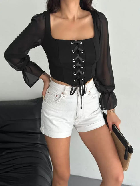 Sırt Dekolteli Bağacıklı Uzun Kollu Bluz - Beyaz