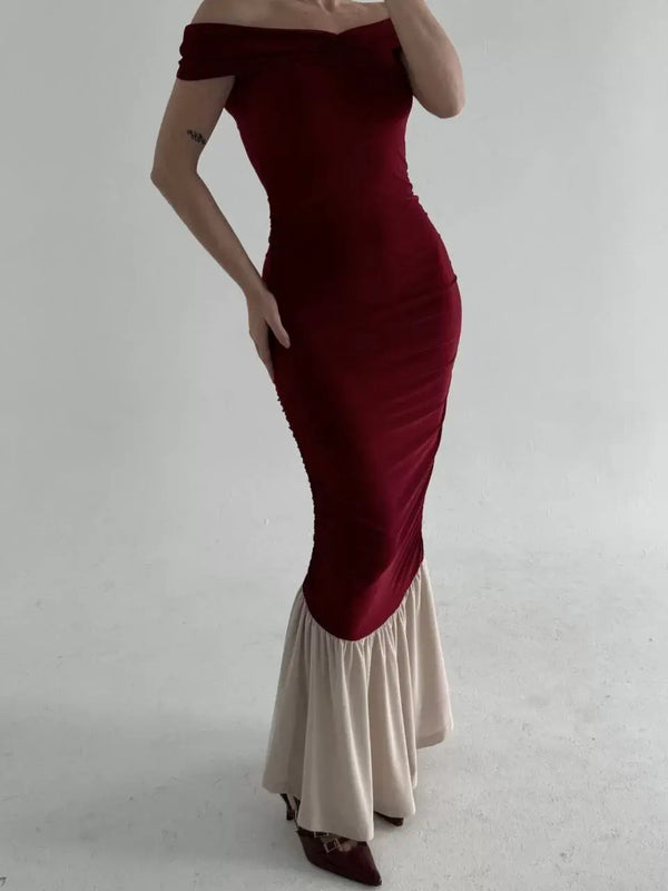 Striptiz Omuzlu Uzun Elbise- Bordo