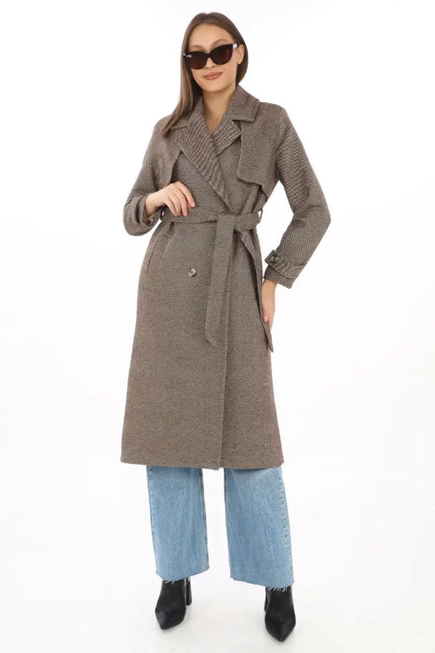 Kadın Balık Sırtı Kaşmir Uzun Kaşe Kaban - Vizon