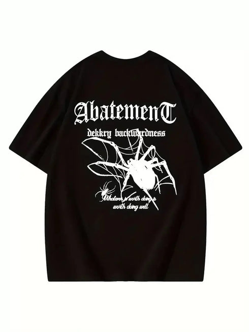 Örümcek Ağı Desenli Baskılı Oversize Bisiklet Yaka T-shirt - Siyah