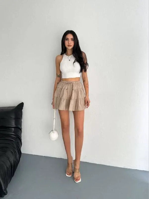 Keten Şortlu Etek - Açık Kahve