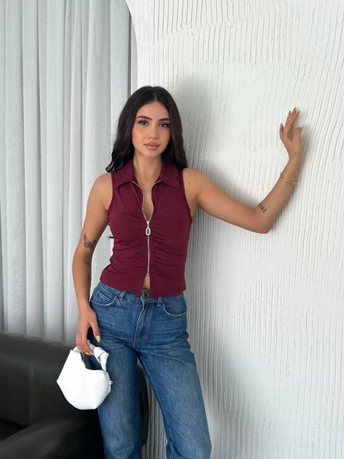 Yakalı Tam Fermuarlı Kolsuz Bluz - Bordo