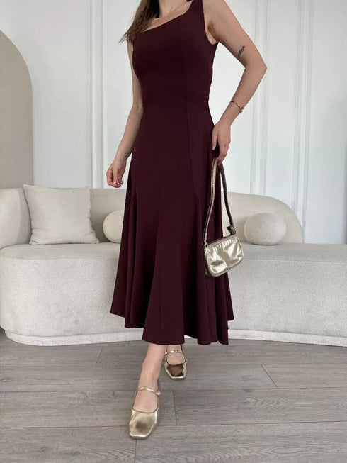Sırt Dekolteli Kolsuz Uzun Elbise - Mürdüm