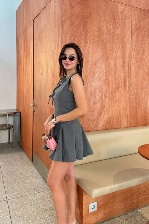 Bağcık detaylı Kolsuz Mini Elbise - Antrasit