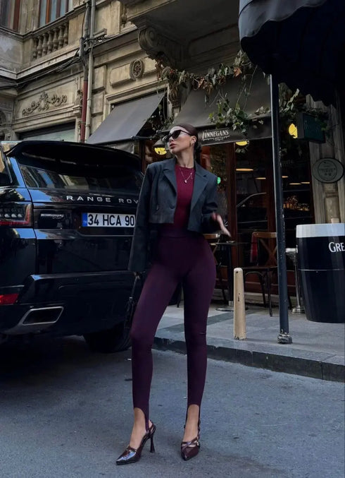 Toparlayıcı füzo tayt Likralı Ayak Detaylı - Bordo