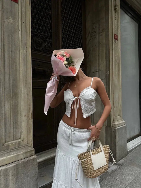 Bağacıklı Uzun Etek - Beyaz