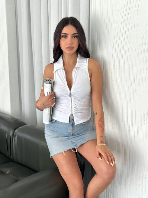 Yakalı Tam Fermuarlı Kolsuz Bluz - Beyaz