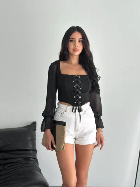 Sırt Dekolteli Bağacıklı Uzun Kollu Bluz - Beyaz