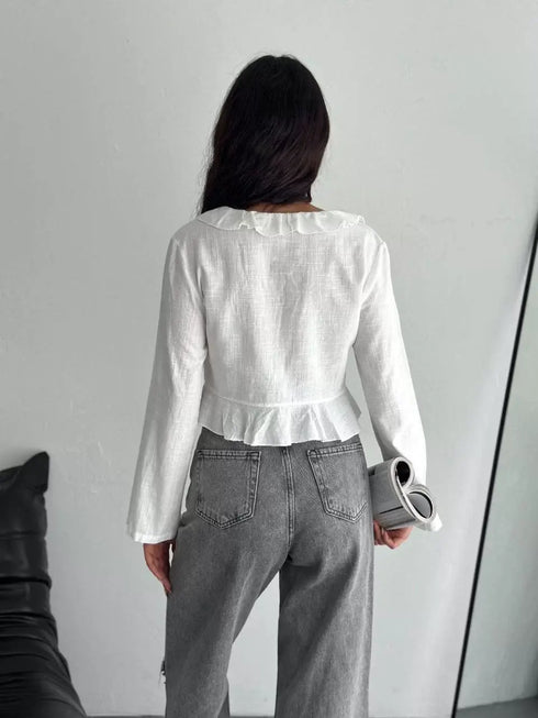 Keten Uzun Kol Bağacık Detaylı Bluz - Beyaz