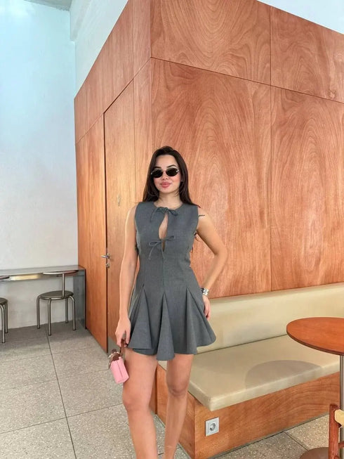 Bağcık detaylı Kolsuz Mini Elbise - Antrasit