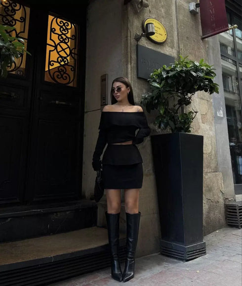 Straplez , Madonna , Carmen Yaka Croplu Mini Etekli ikili Takım Triko - Siyah