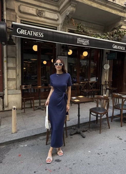 Osy Modal Yumuşak Dokulu Kumaş Bisiklet Yaka Kısa Kollu Kuşaklı Uzun Elbise - Mavi