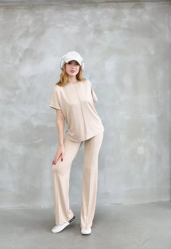 Osy Modal Yumuşak dokulu Kumaş Bisiklet Yaka Kısa Kollu Takım - Bej