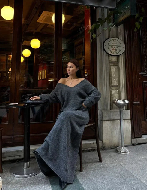 V Yaka Straplez Yaka Buluz Uzun Etekli ikili Takım Triko - Antrasit