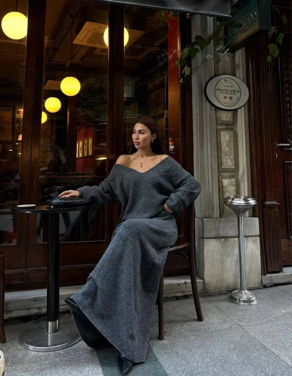 V Yaka Straplez Yaka Buluz Uzun Etekli ikili Takım Triko - Antrasit