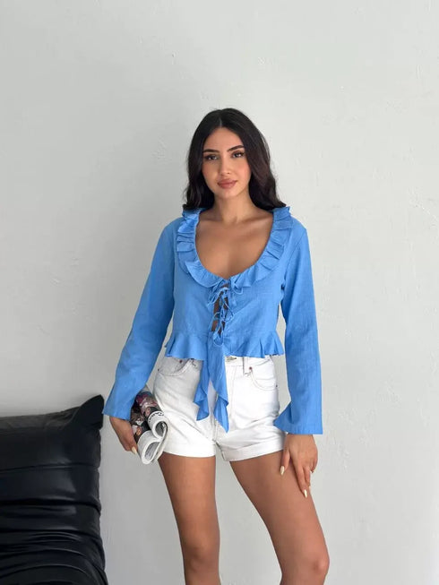 Keten Uzun Kol Bağacık Detaylı Bluz - Mavi
