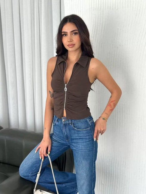 Yakalı Tam Fermuarlı Kolsuz Bluz - Kahverengi