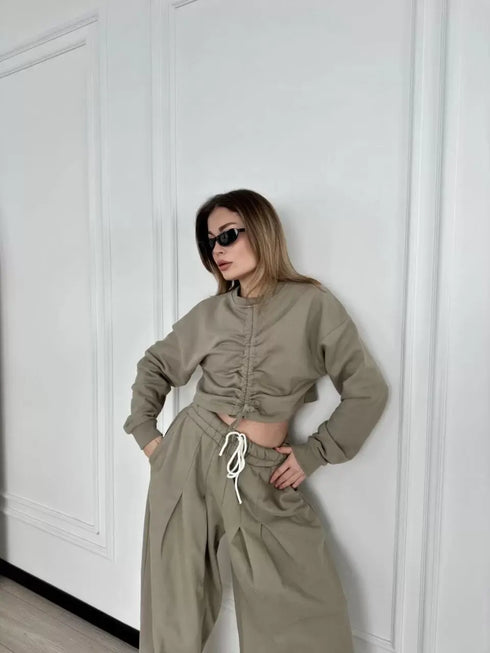 Uzun Kollu Önü İp Büzgülü Crop ve Pantolon İkili Takım - Haki