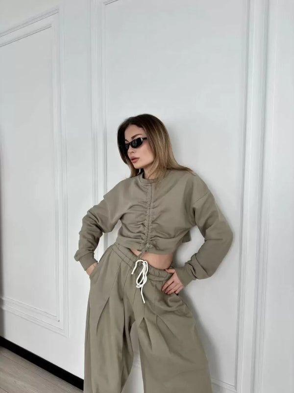 Uzun Kollu Önü İp Büzgülü Crop ve Pantolon İkili Takım - Haki