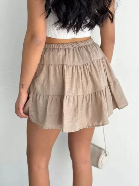 Keten Şortlu Etek - Açık Kahve