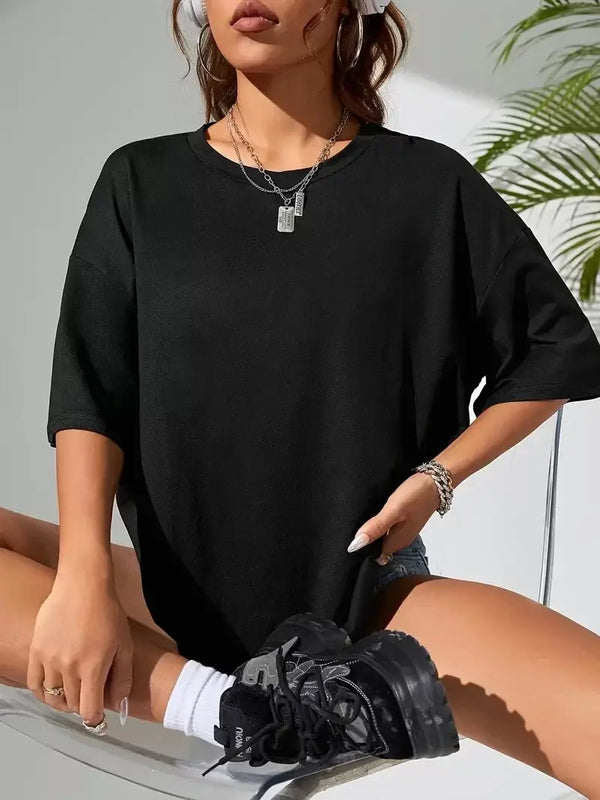 Baskılı Oversize Bisiklet Yaka T-shirt - Siyah