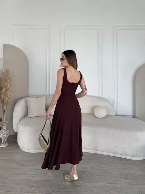 Sırt Dekolteli Kolsuz Uzun Elbise - Mürdüm