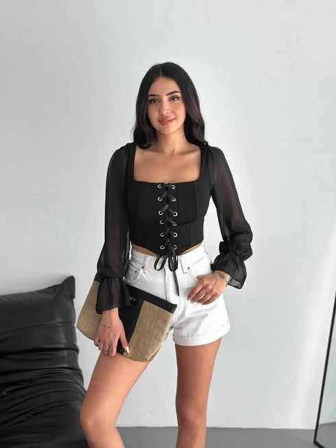 Sırt Dekolteli Bağacıklı Uzun Kollu Bluz - Beyaz