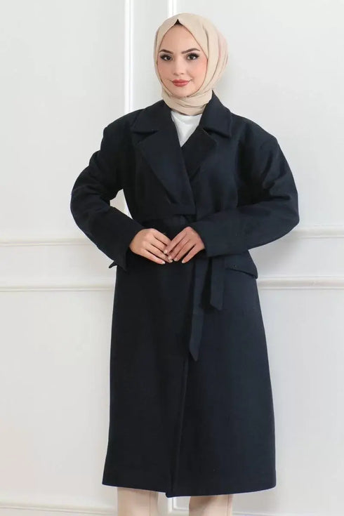 Kadın Düğmeli İçi Astarlı Kaşmir Kaşe Kaban - Füme