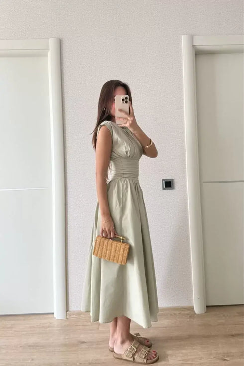 Kadın Kolsuz Bel Detaylı Yazlık Poplin Kumaş Uzun Elbise - Yeşil