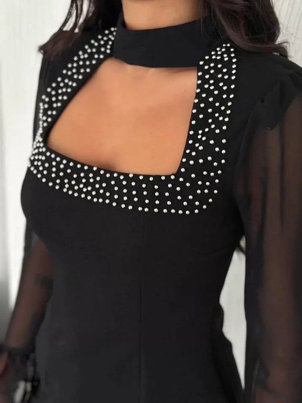 Kadın Kolları Şifon Göğüste İnci Boncuk detaylı Bluz - Siyah