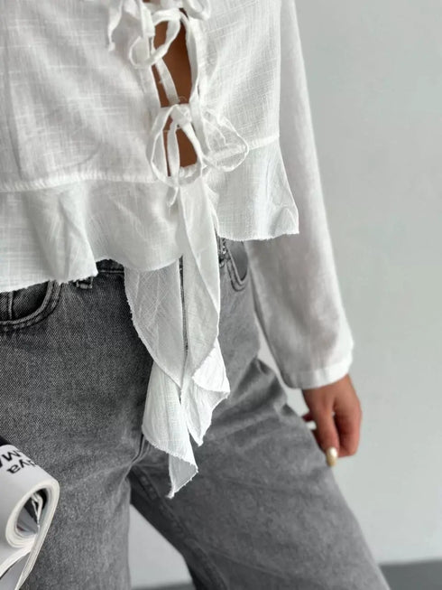 Keten Uzun Kol Bağacık Detaylı Bluz - Beyaz