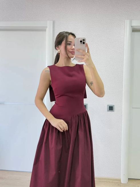 Arkası Kanatlı Uzun Kadın Elbise- Bordo