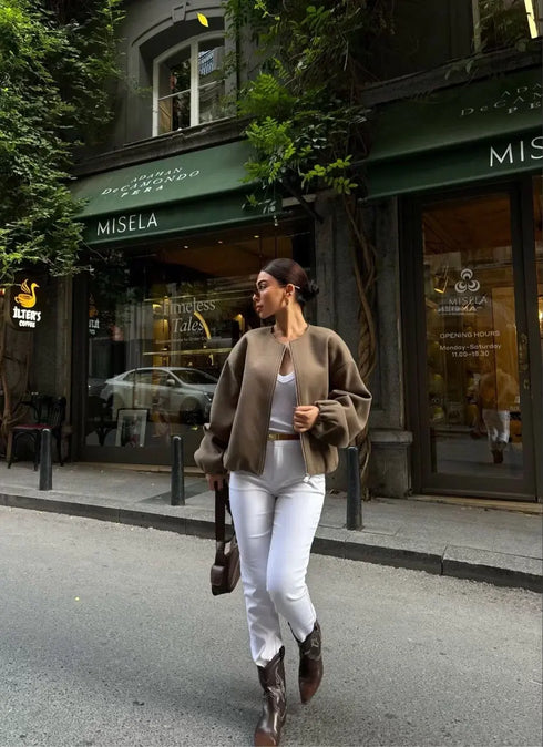 Kaşe Kaşmir Fermuarlı CEKET - Haki