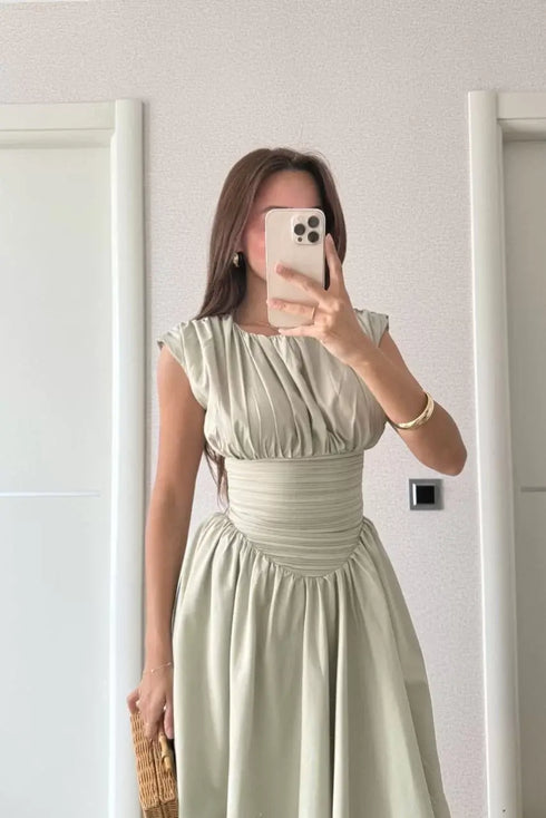 Kadın Kolsuz Bel Detaylı Yazlık Poplin Kumaş Uzun Elbise - Yeşil