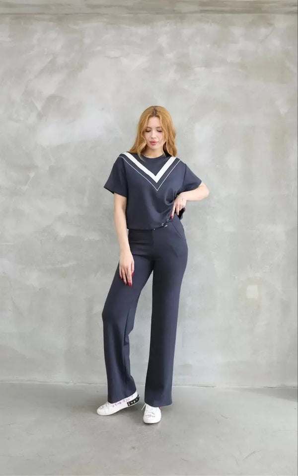 Osy Modal Yumuşak dokulu Kumaş Bisiklet Yaka Parçalı detaylı Kısa Kollu Takım - Füme