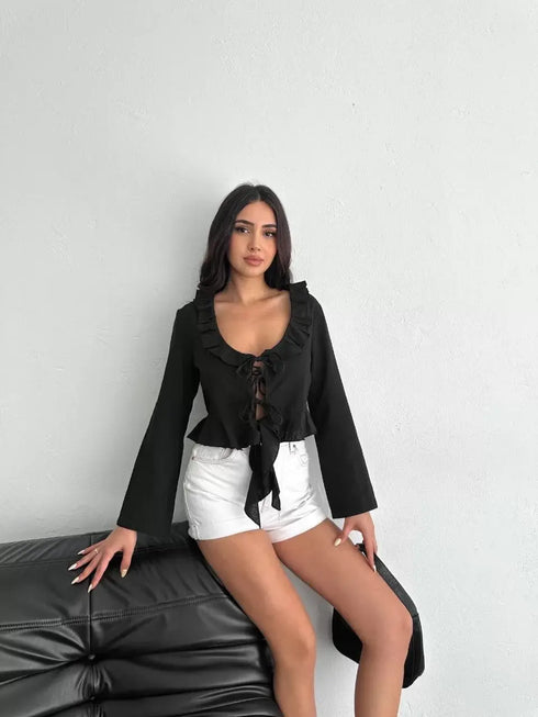 Keten Uzun Kol Bağacık Detaylı Bluz - Siyah