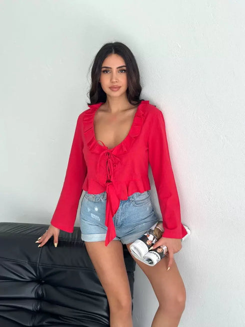 Keten Uzun Kol Bağacık Detaylı Bluz - Kırmızı