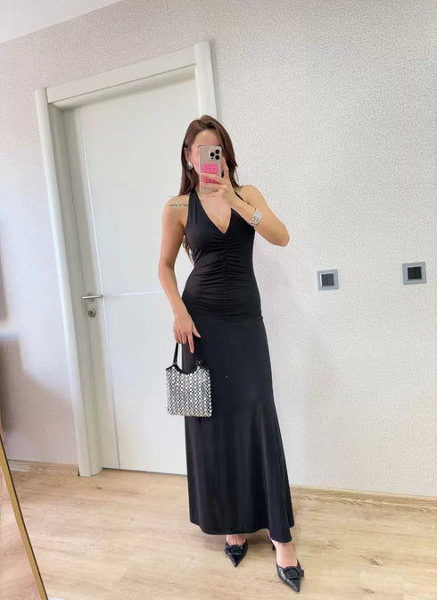 Sırt dekolteli Uzun Kollu Elbise - Siyah